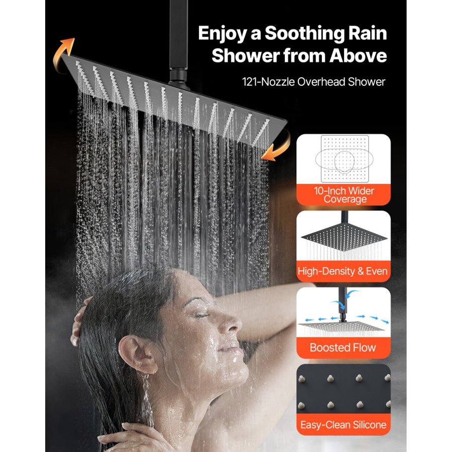 VEVOR Shower Faucet Set, 254 mm Ceiling Mount Rainfall Shower System with 152 mm Wall Mount Head and 2 in 1 Handheld Spray, Rotatable 3-Function Dual Rain Head Brass Valve and Trim Kit, Matte Black