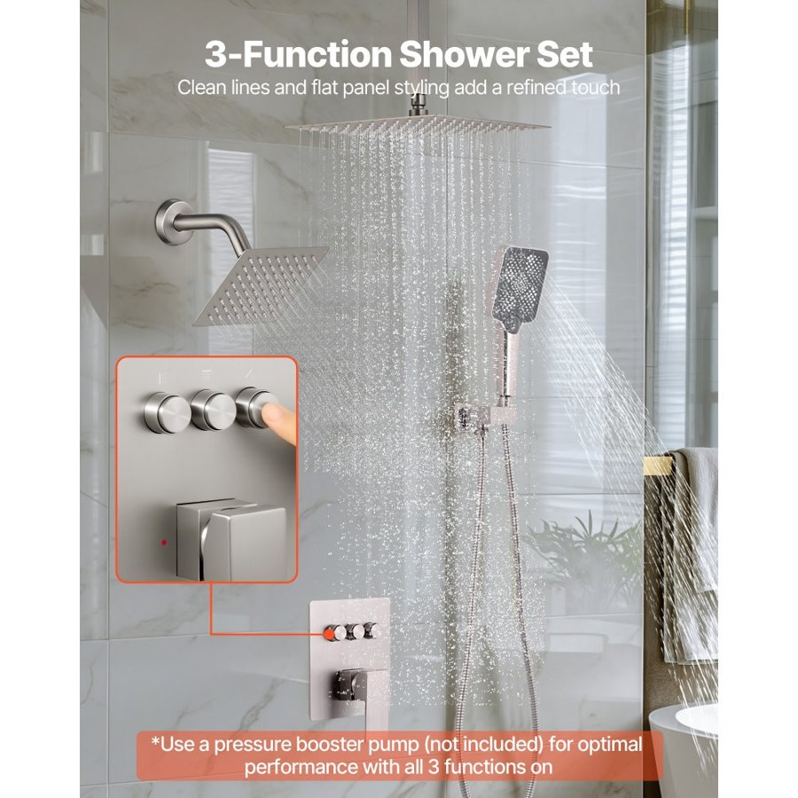 VEVOR Shower Faucet Set, 305 mm Ceiling Mount Rainfall Shower System with 152 mm Wall Mount Head and 4 in 1 Handheld Spray, Rotatable 3-Function Dual Rain Head Brass Valve & Trim Kit, Brushed Nickel