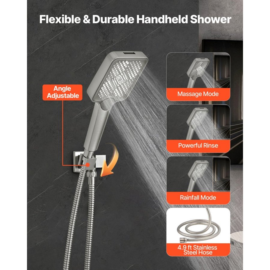 VEVOR Shower Faucet Set, 305 mm Ceiling Mount Rainfall Shower System with 152 mm Wall Mount Head and 4 in 1 Handheld Spray, Rotatable 3-Function Dual Rain Head Brass Valve & Trim Kit, Brushed Nickel