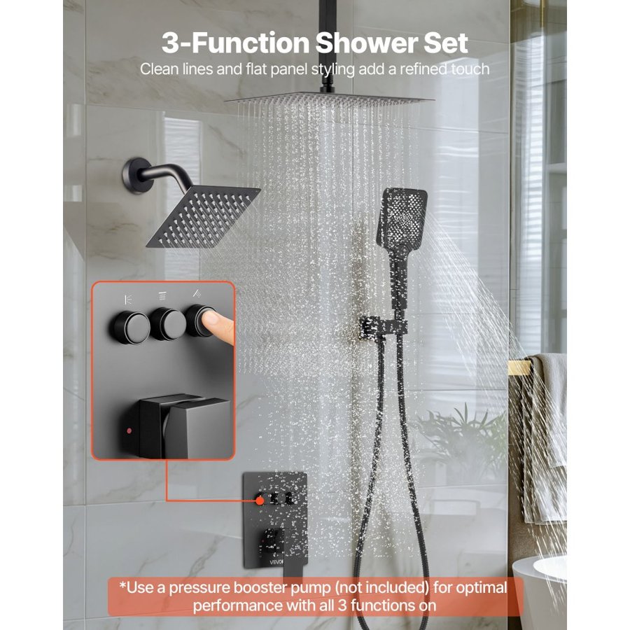 VEVOR Shower Faucet Set, 305 mm Ceiling Mount Rainfall Shower System with 152 mm Wall Mount Head and 4 in 1 Handheld Spray, Rotatable 3-Function Dual Rain Head Brass Valve and Trim Kit, Matte Black