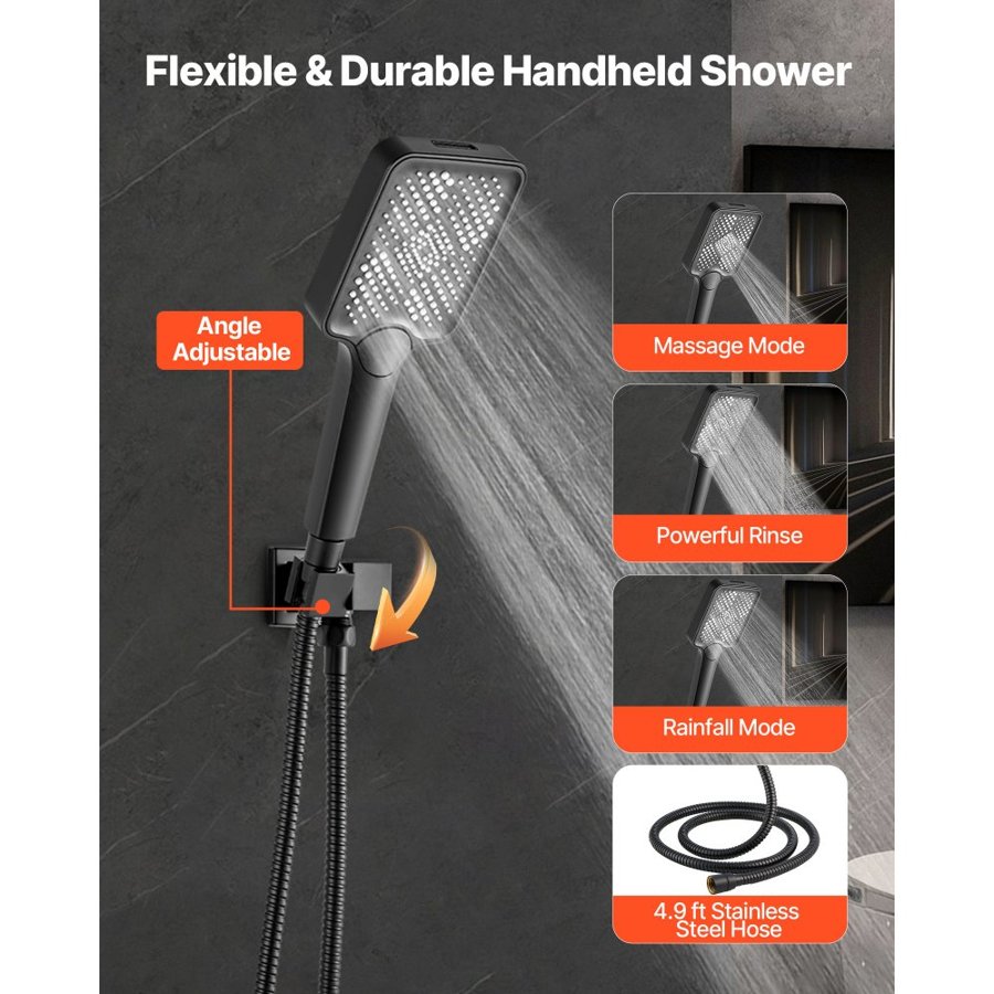 VEVOR Shower Faucet Set, 305 mm Ceiling Mount Rainfall Shower System with 152 mm Wall Mount Head and 4 in 1 Handheld Spray, Rotatable 3-Function Dual Rain Head Brass Valve and Trim Kit, Matte Black