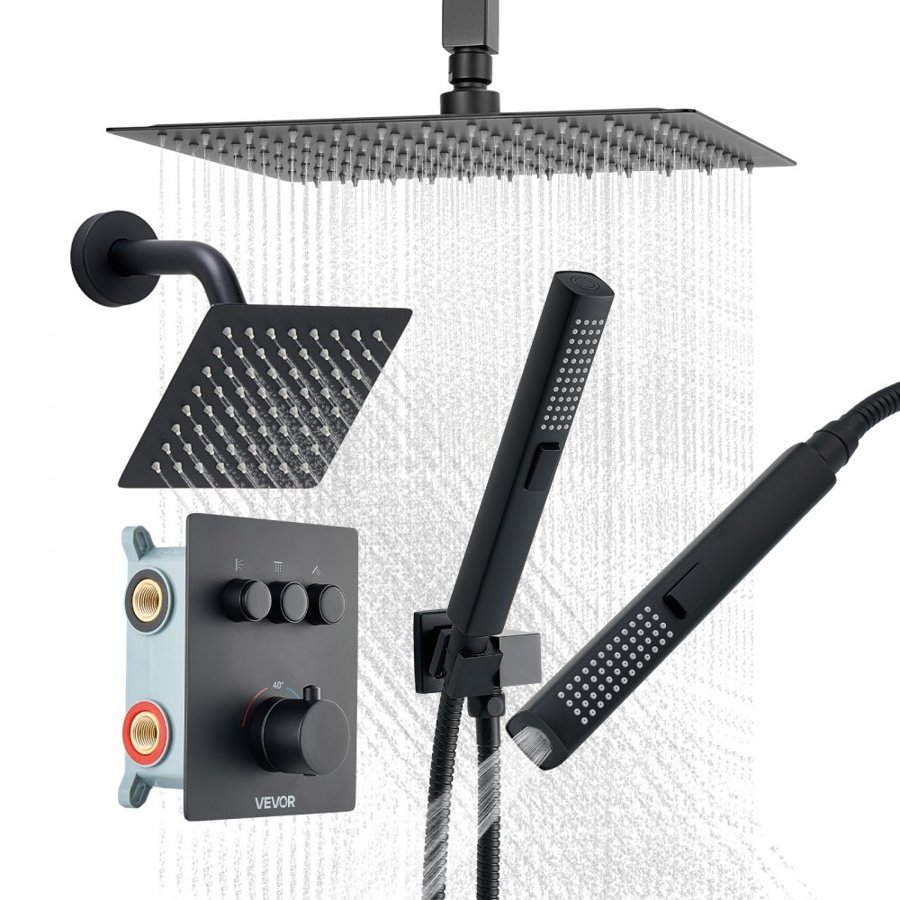 VEVOR Shower Faucet Set, 305 mm Thermostatic Ceiling Mount Rainfall Shower System with 152 mm Wall Mount Head and 2 in 1 Handheld Spray, 3-Function Dual Rain Head Brass Valve & Trim Kit, Matte Black