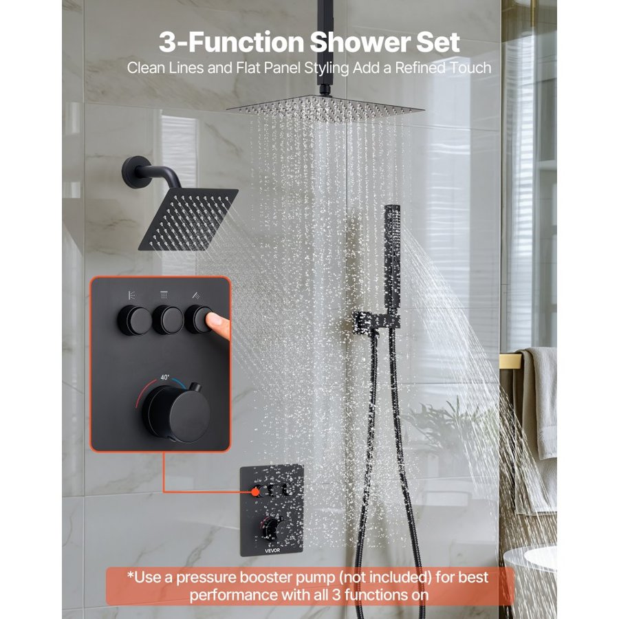 VEVOR Shower Faucet Set, 305 mm Thermostatic Ceiling Mount Rainfall Shower System with 152 mm Wall Mount Head and 2 in 1 Handheld Spray, 3-Function Dual Rain Head Brass Valve & Trim Kit, Matte Black