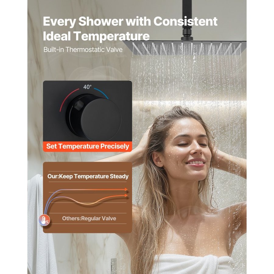 VEVOR Shower Faucet Set, 305 mm Thermostatic Ceiling Mount Rainfall Shower System with 152 mm Wall Mount Head and 2 in 1 Handheld Spray, 3-Function Dual Rain Head Brass Valve & Trim Kit, Matte Black