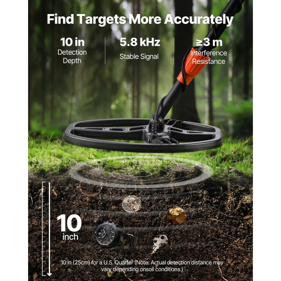 VEVOR Metal Detector for Gold – 254mm, IP68, 5 Modes