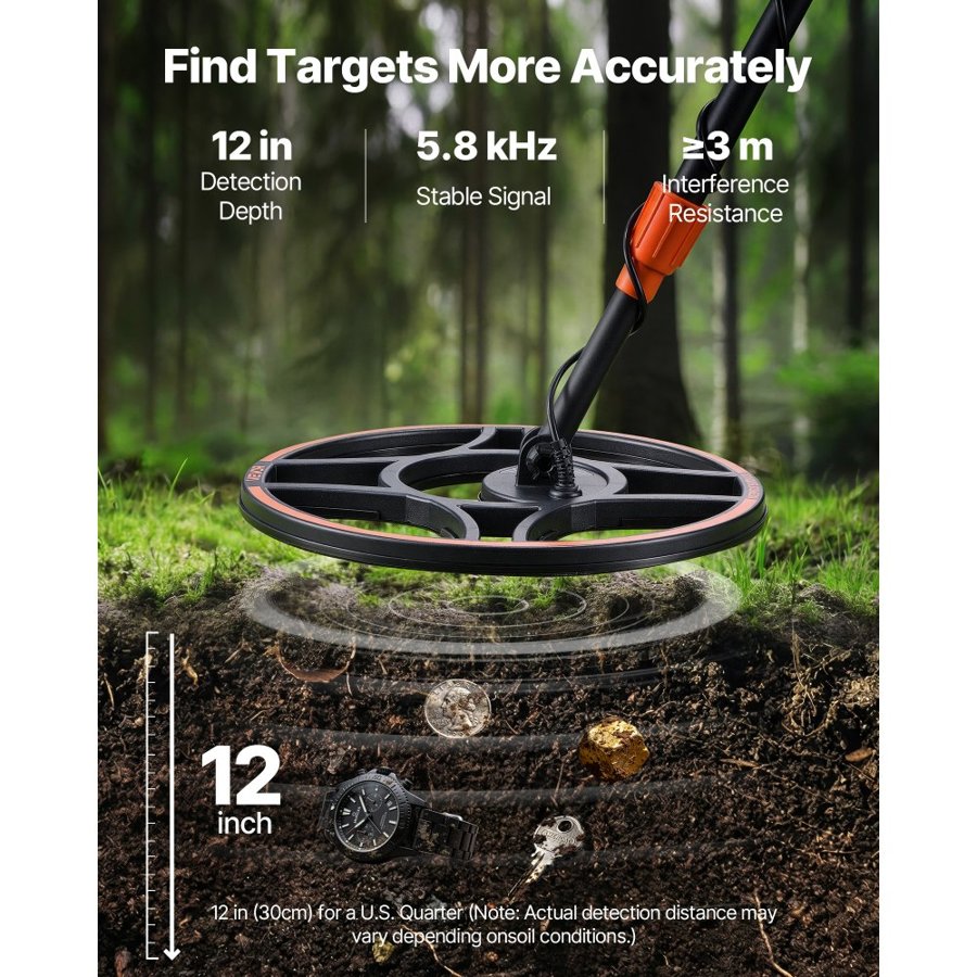 VEVOR Metal Detector for Adults – 12" Coil, 6 Modes, IP68