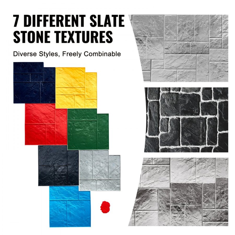 VEVOR Concrete Stamps Mat, 24 x 24 in, 7 pcsConcrete Texturing Skin Polyurethane Stamp Stone Tile Texture Mat, Slate floor Imprint Seamless Stamp Concrete Molds for Outdoor Decorative, Muti-color