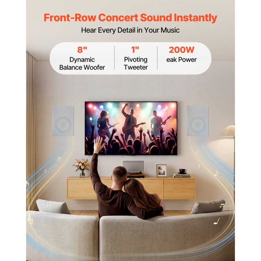 VEVOR In-Wall Speakers, 203.2mm, In Wall Speaker System with Paintable Grille, Hi-Fi Sound, 200W Peak, 2-Way Rectangular Speakers, for Damp Humid Indoor Placement, Bath, Kitchen, Covered Porch, 1 Pair