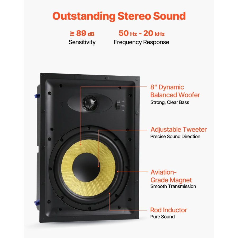 VEVOR In-Wall Speakers, 203.2mm, In Wall Speaker System with Paintable Grille, Hi-Fi Sound, 200W Peak, 2-Way Rectangular Speakers, for Damp Humid Indoor Placement, Bath, Kitchen, Covered Porch, 1 Pair