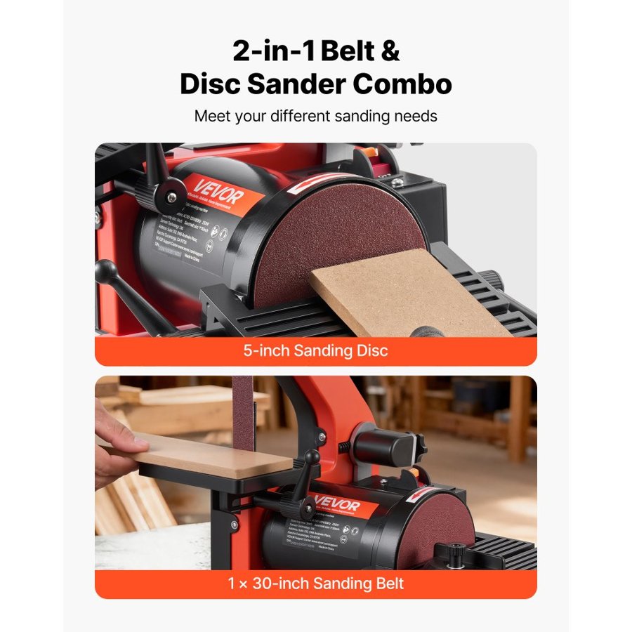 VEVOR 125mm Disc Sander & 25mm x 762mm Belt Sander, 250W Benchtop Belt Disc Sanders Combo with 0–45° Adjustable Worktable & Dust Collection Port for Woodworking, Furniture Refinishing, DIY Crafting