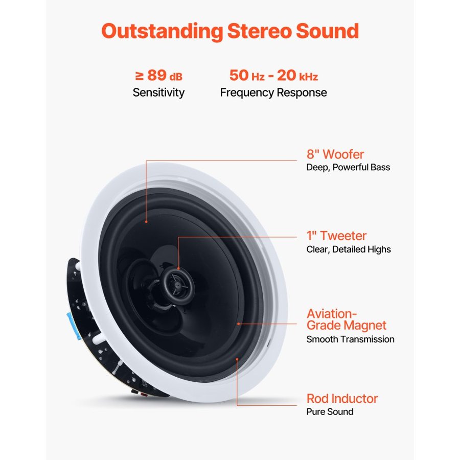 VEVOR In Ceiling Bluetooth Speakers – 203.2mm, 50W, 1 Pair