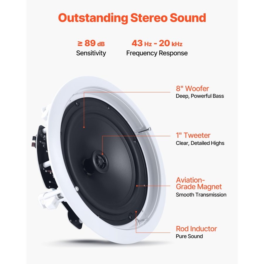 VEVOR In Ceiling Speakers, 203.2 mm, In-Ceiling & In-Wall Speaker System, Hi-Fi Sound, 150W Peak, 2-Way Flush Mount Speakers, for Damp Humid Placement, Home Theater, Living Room, Covered Patio, 1 Pair