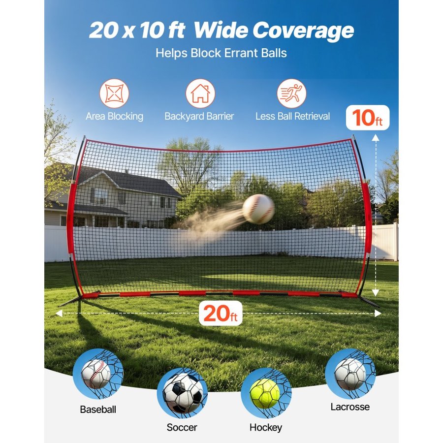 VEVOR Barricade Backstop Net, 20x10 ft Ball Sports Barrier Netting, Portable Practice Equipment with Carry Bag, Protection Screen for Baseball Softball Lacrosse Soccer Hockey Training, for Backyard