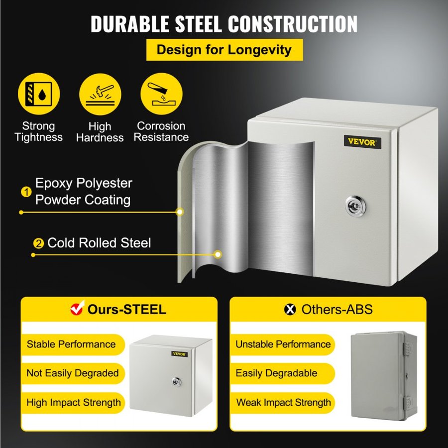 VEVOR NEMA Steel Enclosure, 20x20x15 cm NEMA 4X Steel Electrical Box, IP66 Waterproof & Dustproof, Outdoor / Indoor Electrical Junction Box