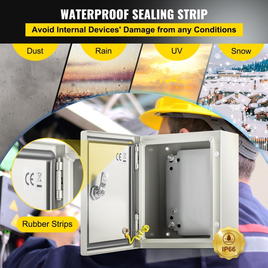 VEVOR NEMA Steel Enclosure, 25x20x15 cm NEMA 4X Steel Electrical Box, IP66 Waterproof & Dustproof, Outdoor/Indoor Electrical Junction Box, with Mounting Plate