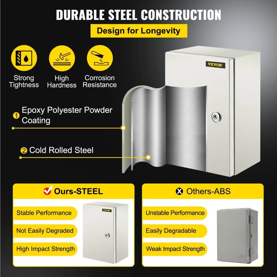 VEVOR NEMA Steel Enclosure ,30x20x15 cm NEMA 4X Steel Electrical Box, IP66 Waterproof & Dustproof, Outdoor/Indoor Electrical Junction Box, with Mounting Plate