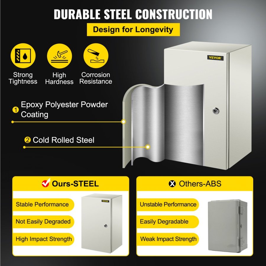 VEVOR NEMA Steel Enclosure, 50.8 x 30.5 x 25.4cm NEMA 4X Steel Electrical Box, IP66 Waterproof & Dustproof, Outdoor/Indoor Electrical Junction Box, with Mounting Plate