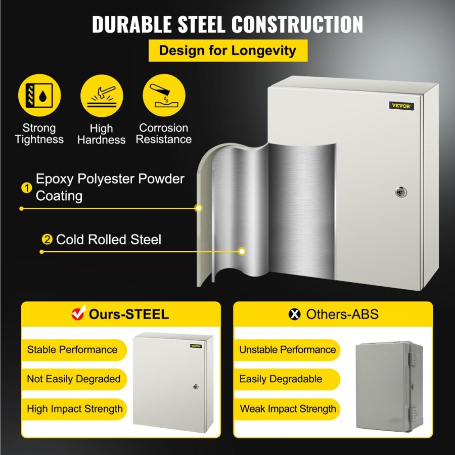 VEVOR NEMA Steel Enclosure, 50x40x15 cm NEMA 4X Steel Electrical Box, IP66 Waterproof & Dustproof, Outdoor/Indoor Electrical Junction Box, with Mounting Plate