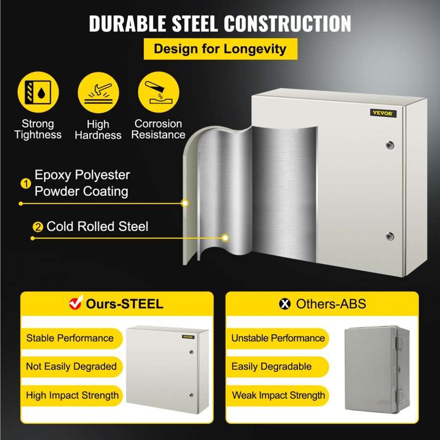 VEVOR NEMA Steel Enclosure, 60x60x20 cm NEMA 4X Steel Electrical Box, IP66 Waterproof & Dustproof, Outdoor/Indoor Electrical Junction Box, with Mounting Plate
