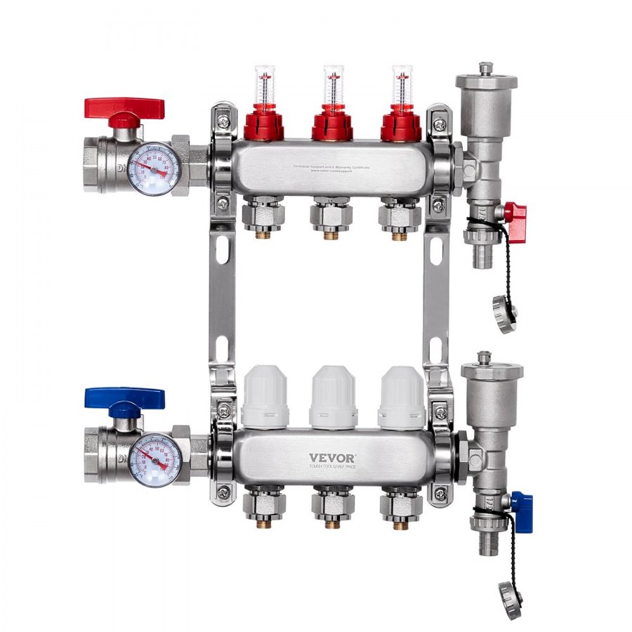VEVOR 3-Branch Radiant Heat Manifold, 1/2" PEX Tubing Manifold, Stainless Steel PEX Manifold for Hydronic Radiant Floor Heating, Radiant Heat PEX Manifold Kit with 1/2" Adapters Included