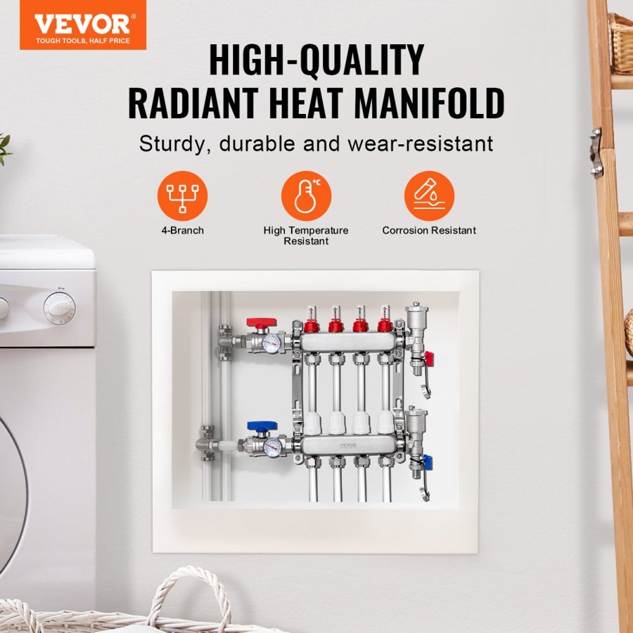 VEVOR 4-Branch Radiant Heat Manifold, 1/2" PEX Tubing Manifold, Stainless Steel PEX Manifold for Hydronic Radiant Floor Heating, Radiant Heat PEX Manifold Kit with 1/2" Adapters Included