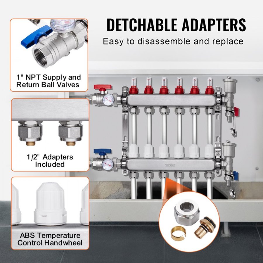 VEVOR 6-Branch Radiant Heat Manifold, 1/2" PEX Tubing Manifold, Stainless Steel PEX Manifold for Hydronic Radiant Floor Heating, Radiant Heat PEX Manifold Kit with 1/2" Adapters Included