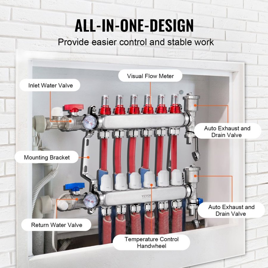 VEVOR 6-Branch Radiant Heat Manifold, 1/2" PEX Tubing Manifold, Stainless Steel PEX Manifold for Hydronic Radiant Floor Heating, Radiant Heat PEX Manifold Kit with 1/2" Adapters Included