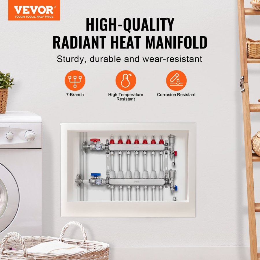VEVOR 7-Branch Radiant Heat Manifold 1.27 cm PEX Tubing Floor Heating Manifold Set