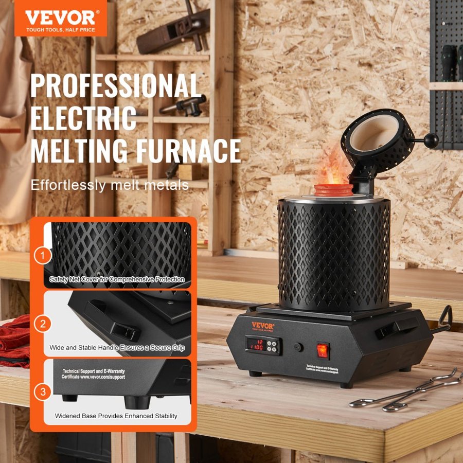 VEVOR Gold Melting Furnace, 1350W, 1150°C Max Temperature, Digital Electric Melting Furnace with 1 kg and 3 kg Ceramic Crucibles, Crucible Tongs, and Gloves, for Gold, Silver, Aluminum, Copper