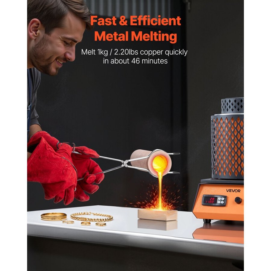 VEVOR Electric Melting Furnace, 1350W Electric Melting Furnace Kit, 2102℉/1150℃ Metal Smelting Machine with 3kg Ceramic Crucible, Gold Smelting Kit for Jewelry Making, Metal Bars, Metal Components