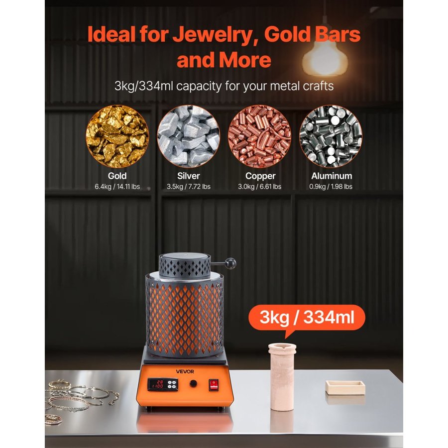 VEVOR Electric Melting Furnace, 1350W Electric Melting Furnace Kit, 2102℉/1150℃ Metal Smelting Machine with 3kg Ceramic Crucible, Gold Smelting Kit for Jewelry Making, Metal Bars, Metal Components