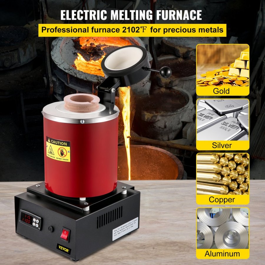 VEVOR Gold Melting Furnace, 1350W, 1150 ℃ Max Temperature, Digital Electric Melting Furnace, with 3 kg Ceramic Crucible, Ingot Die, and Gloves, for Processing of Gold, Silver, Copper, Aluminum