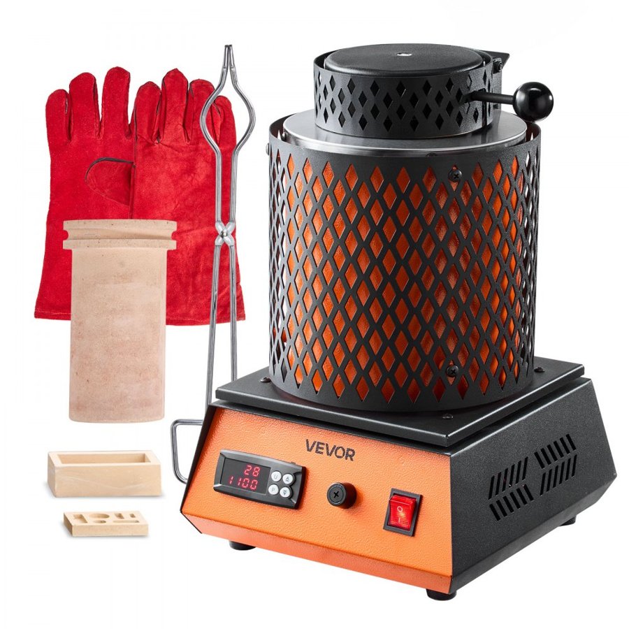 VEVOR Electric Melting Furnace, 1500W Electric Melting Furnace Kit, 2102℉/1150℃ Metal Smelting Machine with 5kg Ceramic Crucible, Gold Smelting Kit for Jewelry Making, Metal Bars, Metal Components