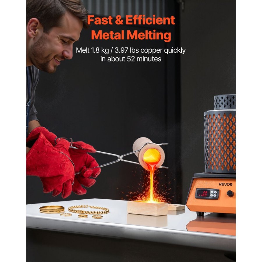 VEVOR Electric Melting Furnace, 1500W Electric Melting Furnace Kit, 2102℉/1150℃ Metal Smelting Machine with 5kg Ceramic Crucible, Gold Smelting Kit for Jewelry Making, Metal Bars, Metal Components