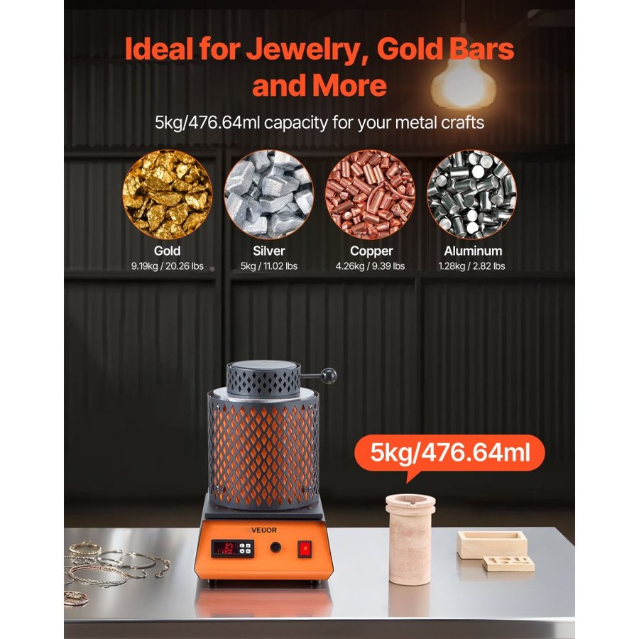 VEVOR Electric Melting Furnace, 1500W Electric Melting Furnace Kit, 2102℉/1150℃ Metal Smelting Machine with 5kg Ceramic Crucible, Gold Smelting Kit for Jewelry Making, Metal Bars, Metal Components