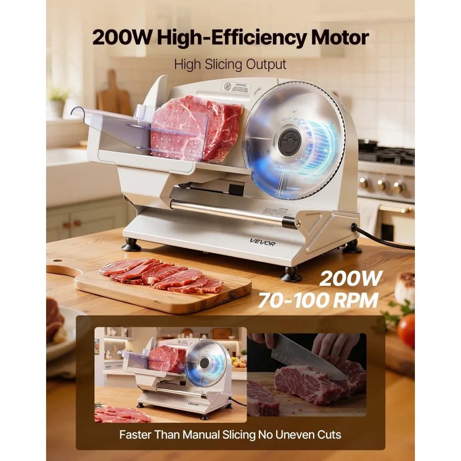 VEVOR Meat Slicer, Electric Deli Slicer with Two 190mm SUS420 Blades & 0-15mm Adjustable Thickness, 200W Home Food-Slicer for Frozen Meat, Ham, Baguett, Steak