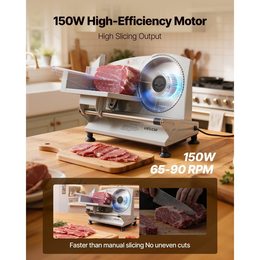 VEVOR Meat Slicer, 150W Electric Deli Slicer Machine with 170 mm Sharp Blade, Home Meat-Slicer with 65-90 RPM Slicing Speed, 0-15 mm Adjustable Thickness, for Frozen Meat, Ham, Baguett & Prime Steak