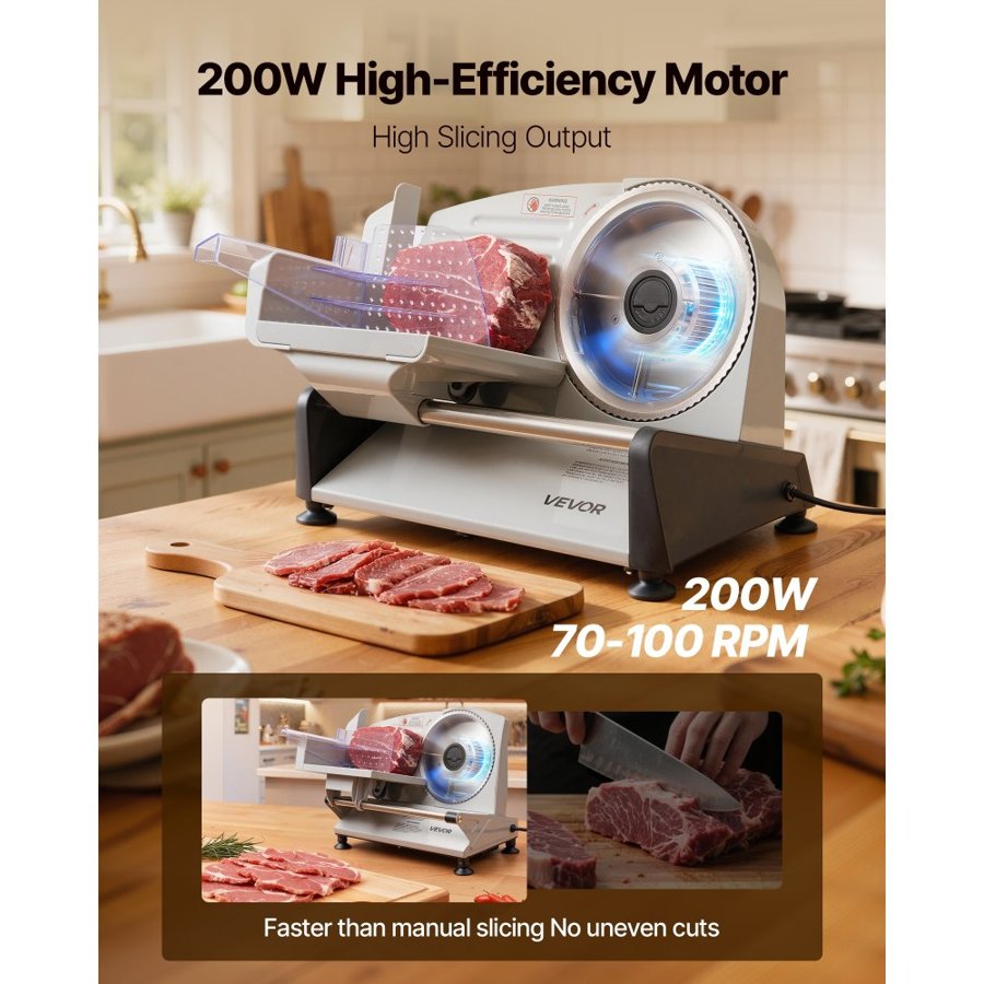 VEVOR Meat Slicer, 200W Electric Deli Slicer Machine with 190 mm Sharp Blade, Home Meat-Slicer with 70-100 RPM Slicing Speed, 0-15 mm Adjustable Thickness, for Frozen Meat, Ham, Baguett & Prime Steak