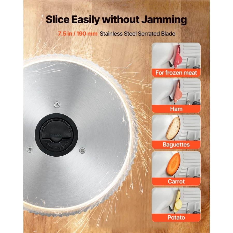 VEVOR Meat Slicer, 200W Electric Deli Slicer Machine with 190 mm Sharp Blade, Home Meat-Slicer with 70-100 RPM Slicing Speed, 0-15 mm Adjustable Thickness, for Frozen Meat, Ham, Baguett & Prime Steak