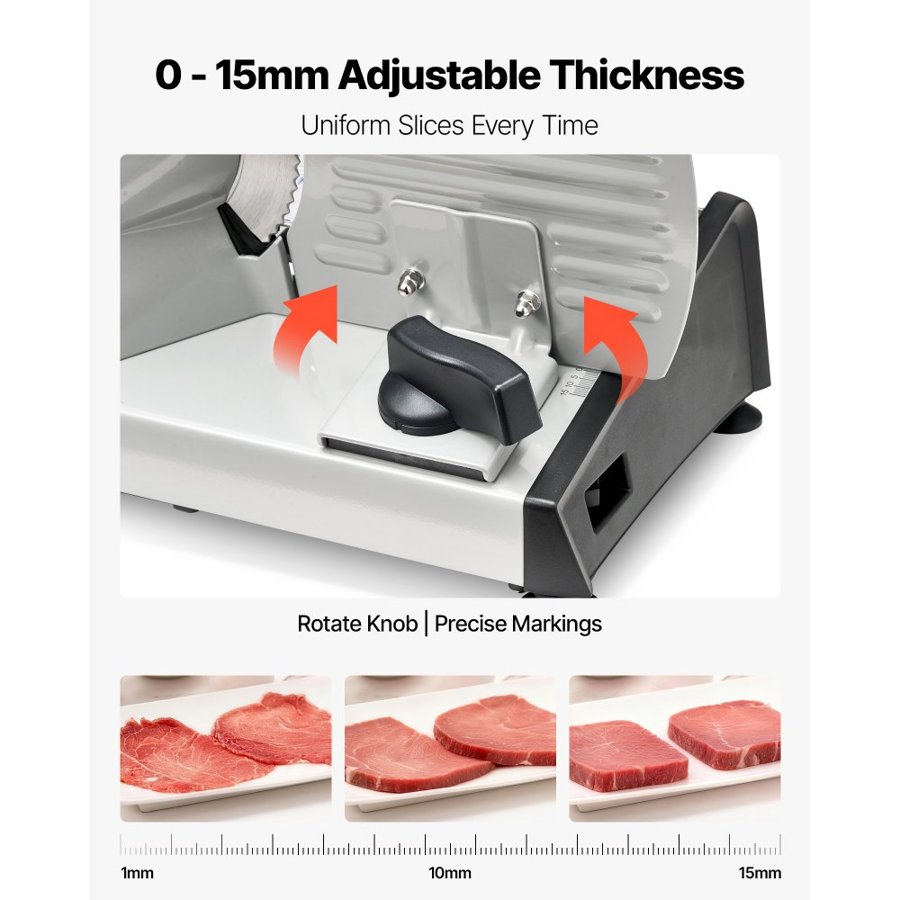 VEVOR Meat Slicer, 200W Electric Deli Slicer Machine with 190 mm Sharp Blade, Home Meat-Slicer with 70-100 RPM Slicing Speed, 0-15 mm Adjustable Thickness, for Frozen Meat, Ham, Baguett & Prime Steak