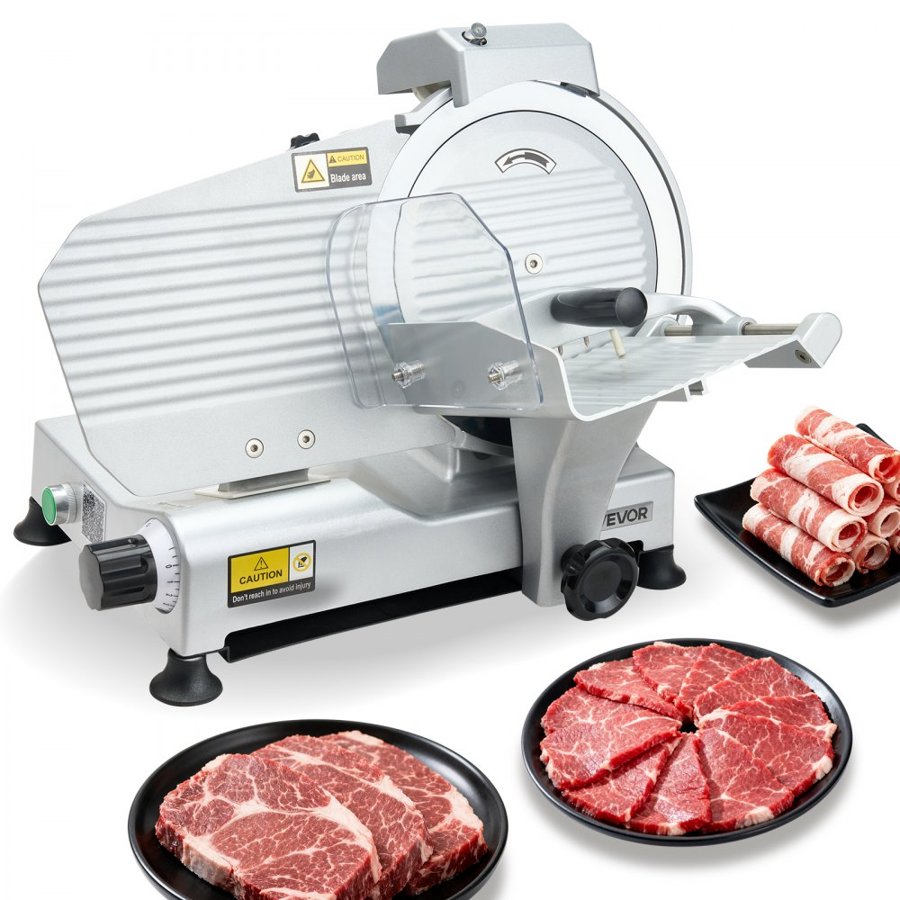 VEVOR Commercial Meat Slicer, 320W Electric Deli Slicer Machine with 250 mm Sharp Blade, Meat-Slicer with 450 RPM Slicing Speed, 0-10 mm Adjustable Thickness, for Frozen Meat, Ham, Baguett & Steak