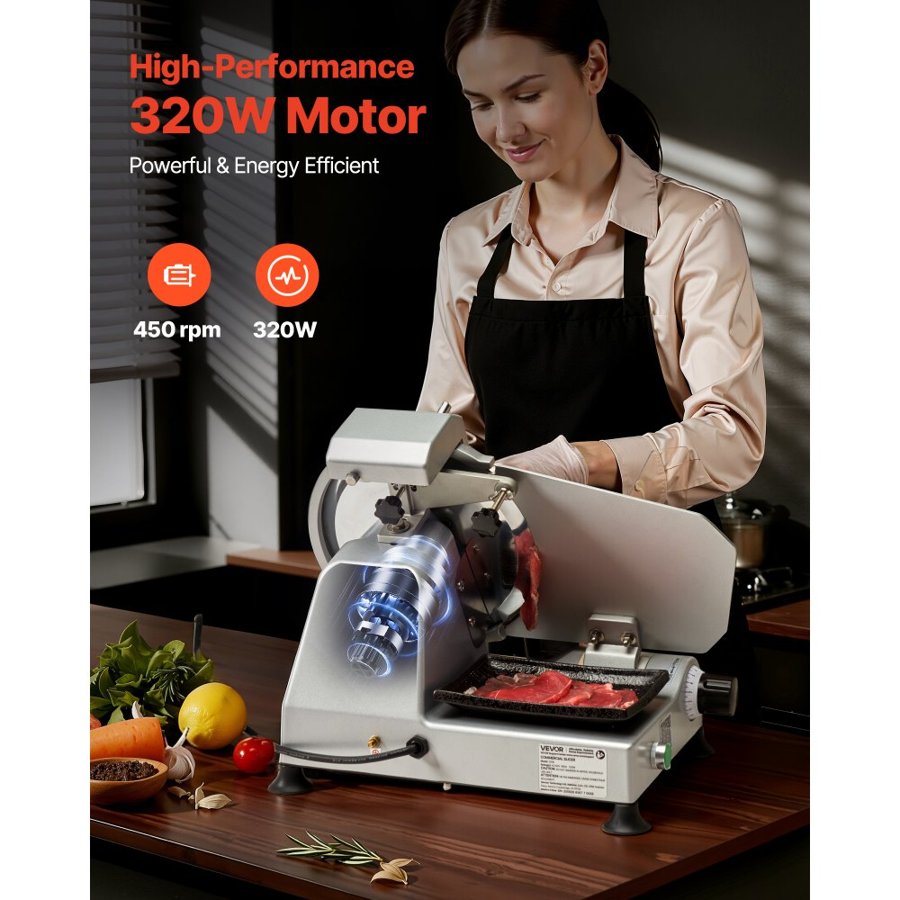 VEVOR Commercial Meat Slicer, 320W Electric Deli Slicer Machine with 250 mm Sharp Blade, Meat-Slicer with 450 RPM Slicing Speed, 0-10 mm Adjustable Thickness, for Frozen Meat, Ham, Baguett & Steak