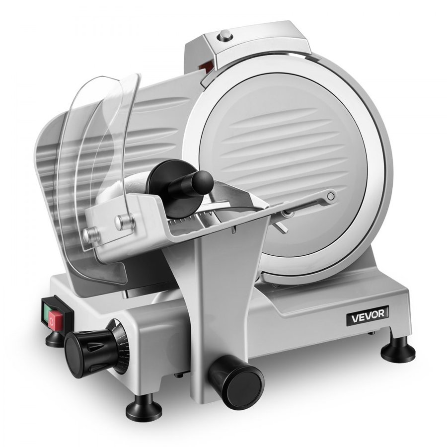 VEVOR Commercial Meat Slicer, 300W Electric Cutter, Removable 25cm Carbon Steel Blade and Food Tray, 0-12mm Adjustable Thickness Food Slicer Machine,for Frozen Meat, Ham, Baguett, Steak, ETL Approved