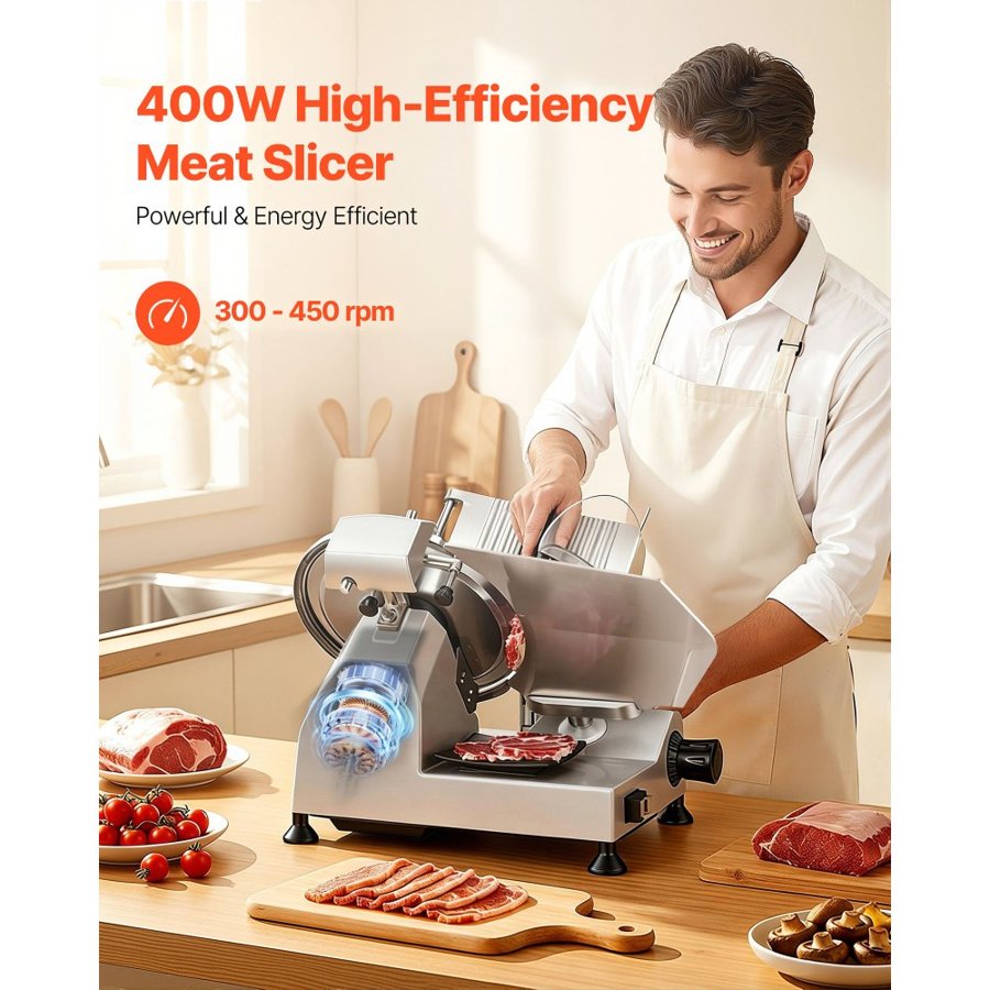 VEVOR Commercial Meat Slicer, 400W Electric Cutter, Removable 30cm Carbon Steel Blade and Food Tray, 0-15mm Adjustable Thickness Food Slicer Machine, for Frozen Meat, Ham, Baguett, Steak, ETL Approved