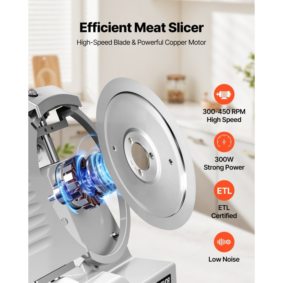 VEVOR Commercial Meat Slicer 300W Electric Cutter 22cm Carbon Steel Blade, Food Slicer Machine with Removable Blade and Food Tray, 0-12mm Adjustable Thickness ,for Frozen Meat, Ham, Baguett, Steak