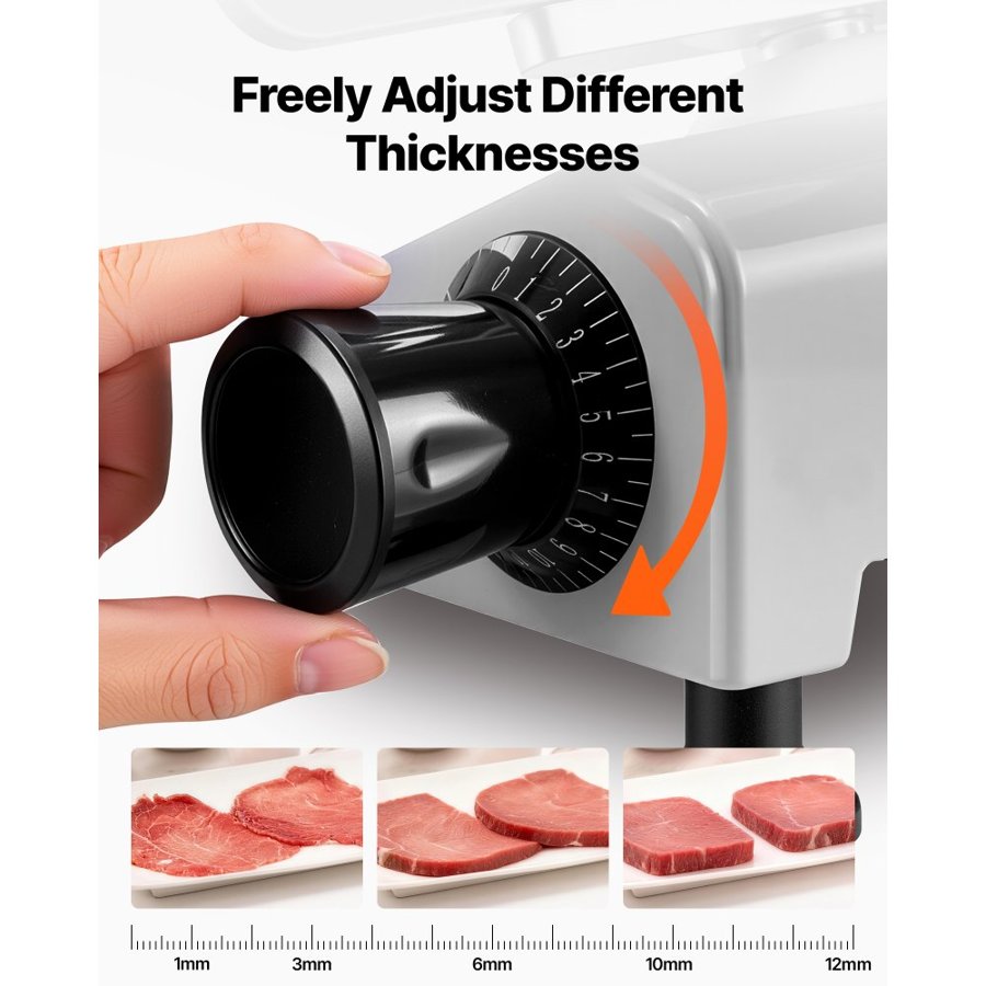 VEVOR Commercial Meat Slicer 300W Electric Cutter 22cm Carbon Steel Blade, Food Slicer Machine with Removable Blade and Food Tray, 0-12mm Adjustable Thickness ,for Frozen Meat, Ham, Baguett, Steak