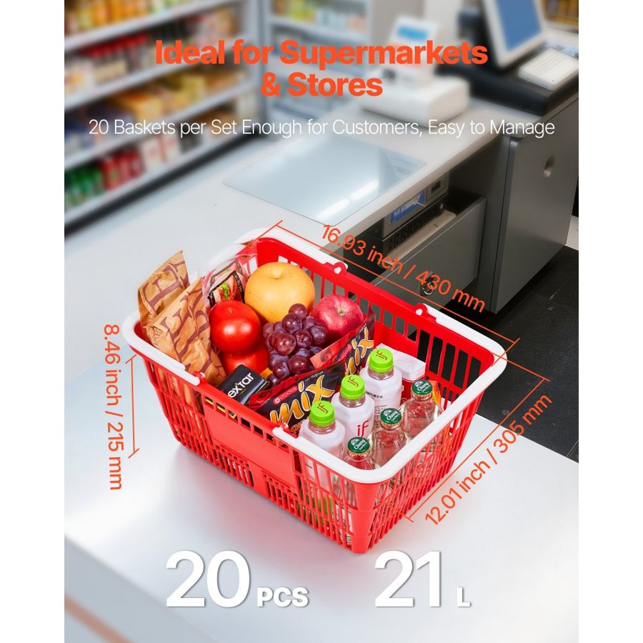 VEVOR Shopping Baskets with Handles – 20 PCS, 21L Red PE