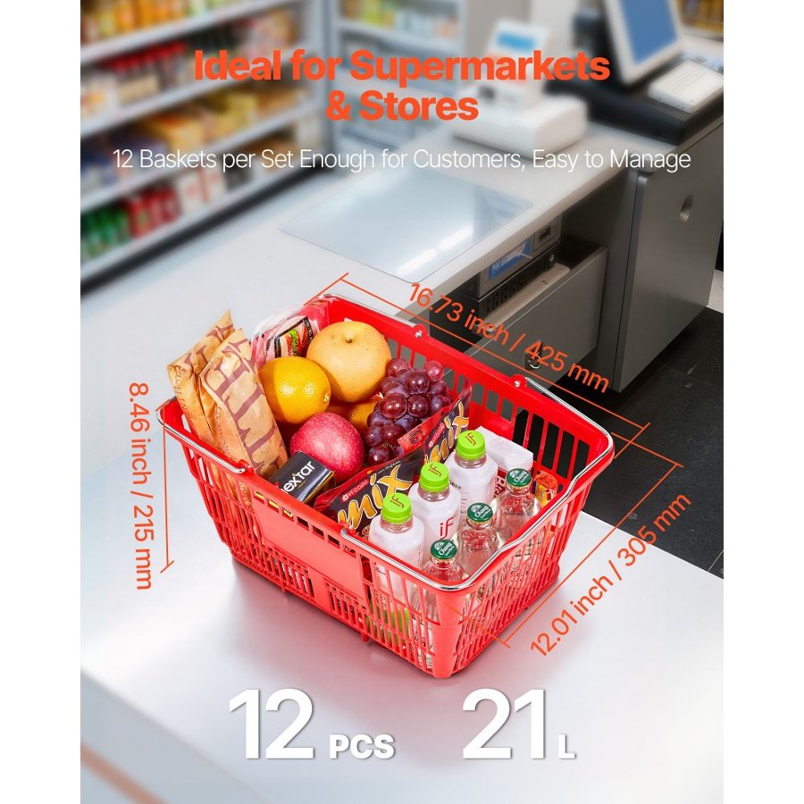 VEVOR Plastic Grocery Basket – 12 Pack, 21L Capacity