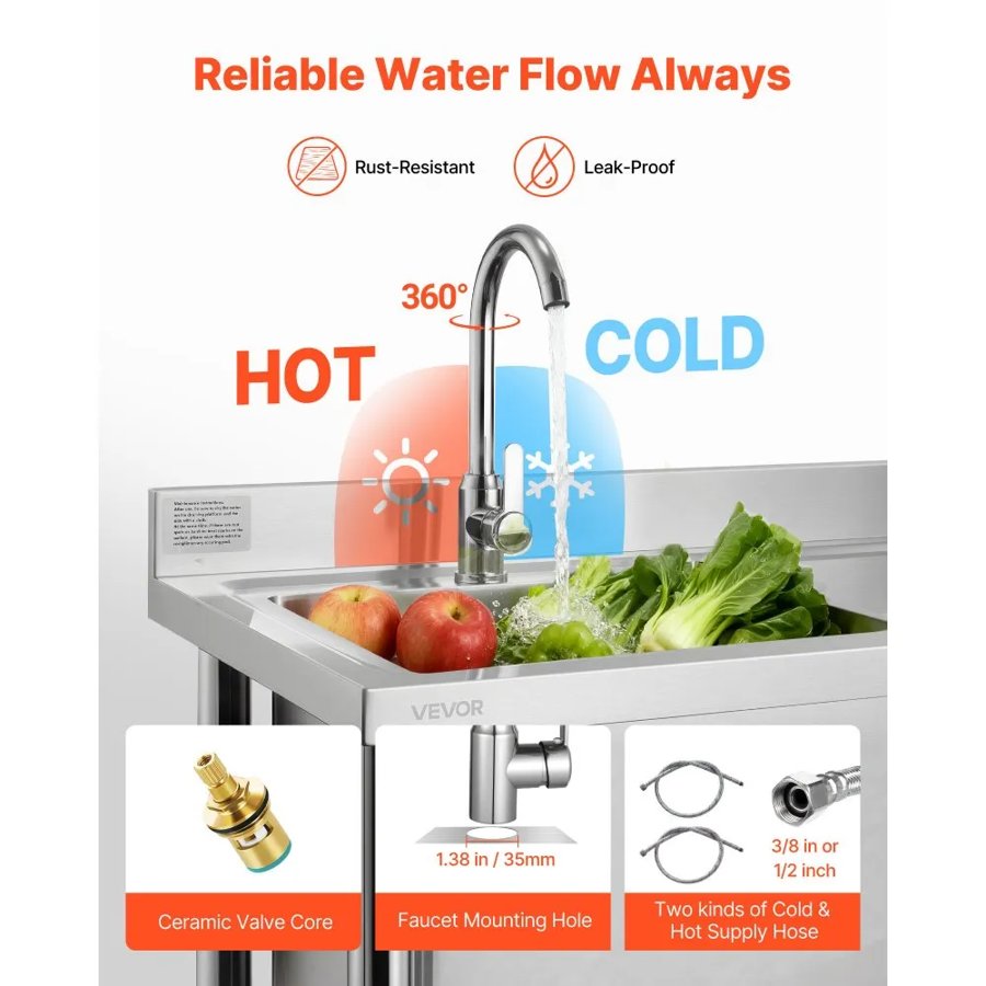 VEVOR Stainless Steel Utility Sink, Free Standing Single Bowl Commercial Kitchen Sink with Faucet and Hot & Cold Water Pipe, Dual Storage Shelves for Garage, Restaurant, Laundry, 1200 x 500 x 940 mm