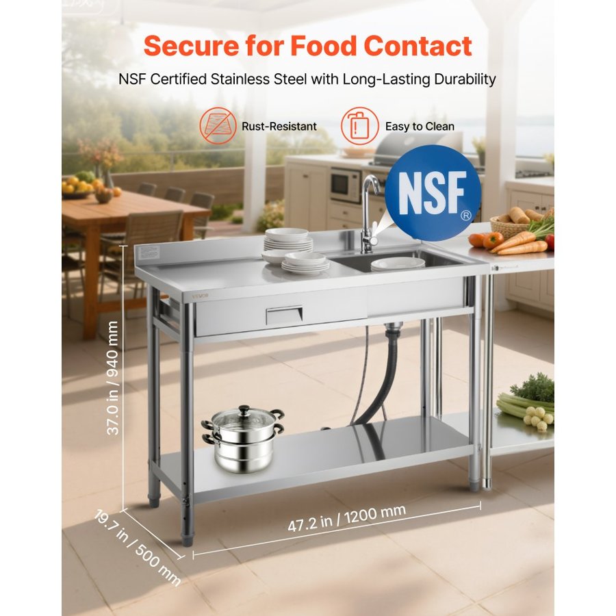 VEVOR Freestanding Stainless Steel Utility Sink – 47.2 Inch